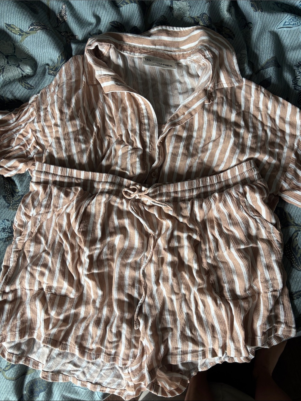 No Boundaries Tan and White Striped Button-Down Top and Shorts Matching set